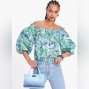 Kate Spade Blue, Green Off The Shoulder Floral Blouse | 3/4 Sleeve | XL |